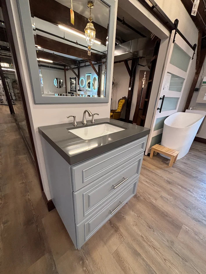 30" Bertch Vanity Set with Grey Fairmont Top and Brushed Nickel Gerber Faucet and Matching Mirror