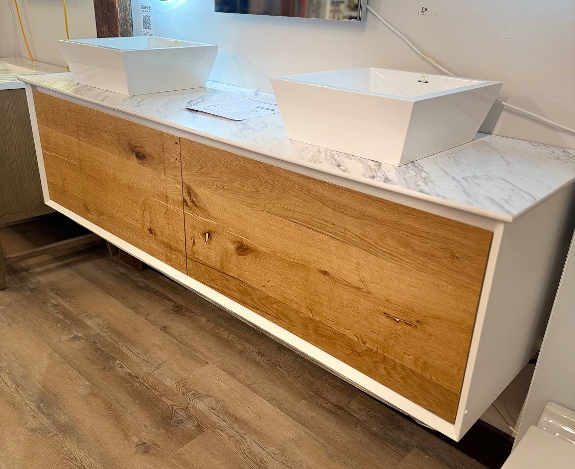 72" Modern Sleek Wall-Mount Vanity Set with White Vanity Top and Two Solid Surface Vessel Sinks