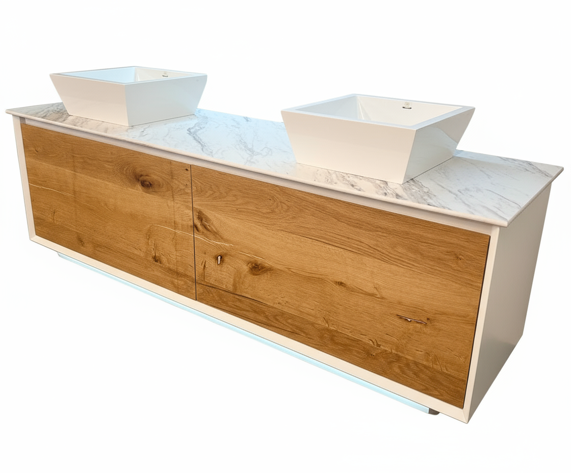 72" Modern Sleek Wall-Mount Vanity Set with White Vanity Top and Two Solid Surface Vessel Sinks