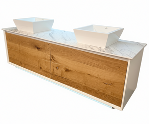 72" Modern Sleek Wall-Mount Vanity Set with White Vanity Top and Two Solid Surface Vessel Sinks