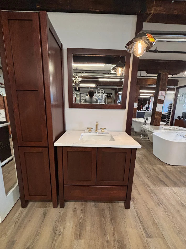 36" Bertch Cherry Vanity with Real Quartz Top and 18" Linen Tower with Matching Mirror