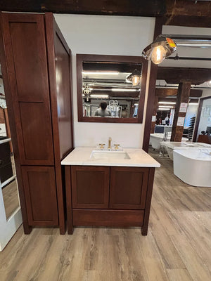 36" Bertch Cherry Vanity with Real Quartz Top and 18" Linen Tower with Matching Mirror