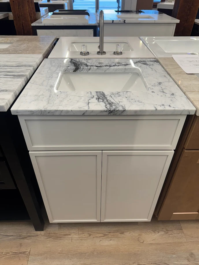 24" Slim Shaker Dove Cabtech with Carrera Marble & Sink