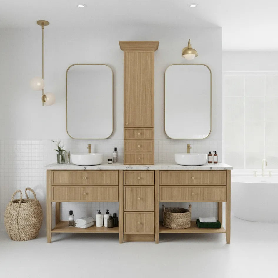 84" PoshHaus White Oak Double Vanity Suite Oslo Oak Bathroom Vanity w/ Tower & Stone Top