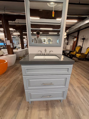30" Bertch Vanity Set with Grey Fairmont Top and Brushed Nickel Gerber Faucet and Matching Mirror