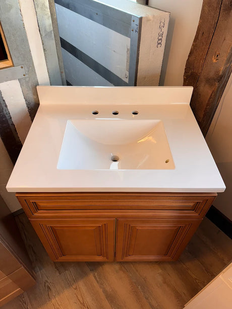 J&K Cabinetry Cinnamon Glaze 30" Bathroom Vanity with Wolf Vanity Top