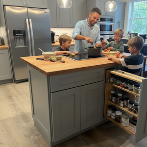 60" x 36" Solid Wood Gray Kitchen Island – John Boos 1.5" Cherry Top, Soft-Close Drawers, Full Storage Layout, 360° Furniture Finish