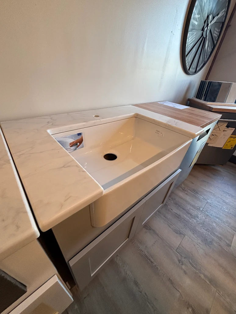 36" PoshHaus Farmhouse Laundry Vanity w/ Solid Wood Base & Quartz Top and Franke sink