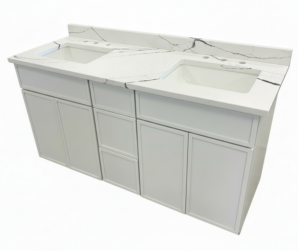 Bathroom vanity with white countertop and two sinks on a white background