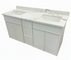 Bathroom vanity with white countertop and two sinks on a white background