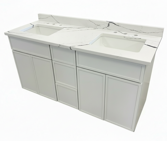 Bathroom vanity with white countertop and two sinks on a white background