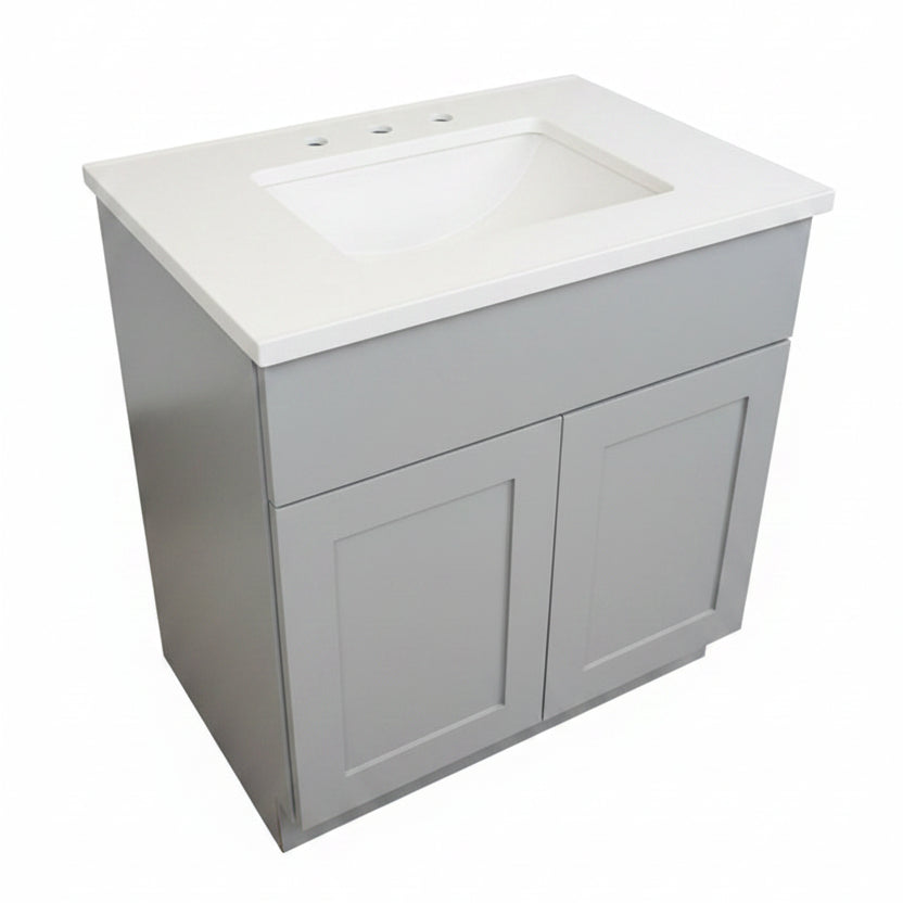 Fairmont Quartz 30” Vanity Top Set with Ceramic Sink on 30” Solid Cabinet Base – Designer Bathroom Vanity Ensemble