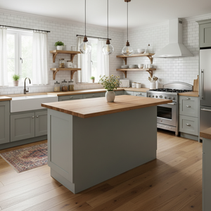 60" x 36" Solid Wood Gray Kitchen Island – John Boos 1.5" Cherry Top, Soft-Close Drawers, Full Storage Layout, 360° Furniture Finish