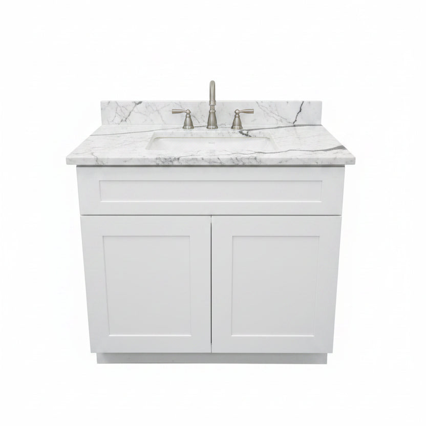 36" Cab-Tec White Shaker Vanity with Pental Quartz Top and Brushed Nickel Faucet