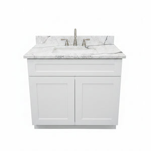 36" Cab-Tec White Shaker Vanity with Pental Quartz Top and Brushed Nickel Faucet