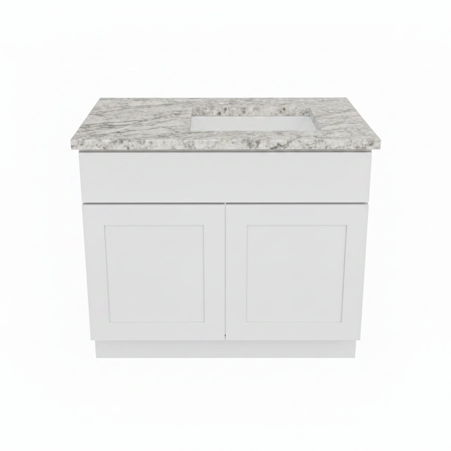 38" Gray Shaker KCD Vanity W/ 38" Right Sided Leathered Fantasy Brown Vanity Top And Serenity Sink
