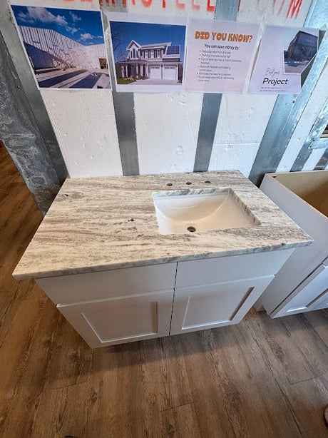 38" Gray Shaker KCD Vanity W/ 38" Right Sided Leathered Fantasy Brown Vanity Top And Serenity Sink