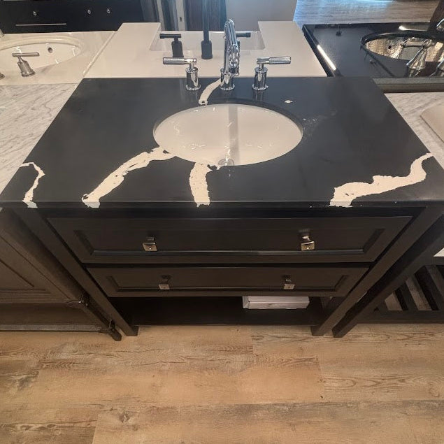 36" Adler Vanity in Black  Quartz Countertop & Avallon Chrome Faucet
