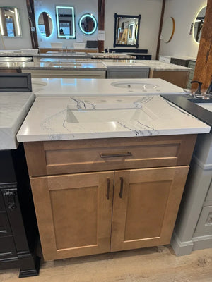 30" Salted Carmel Vanity + Cambria Port Rush Vanity Top + Tumbled Bronze Knobs