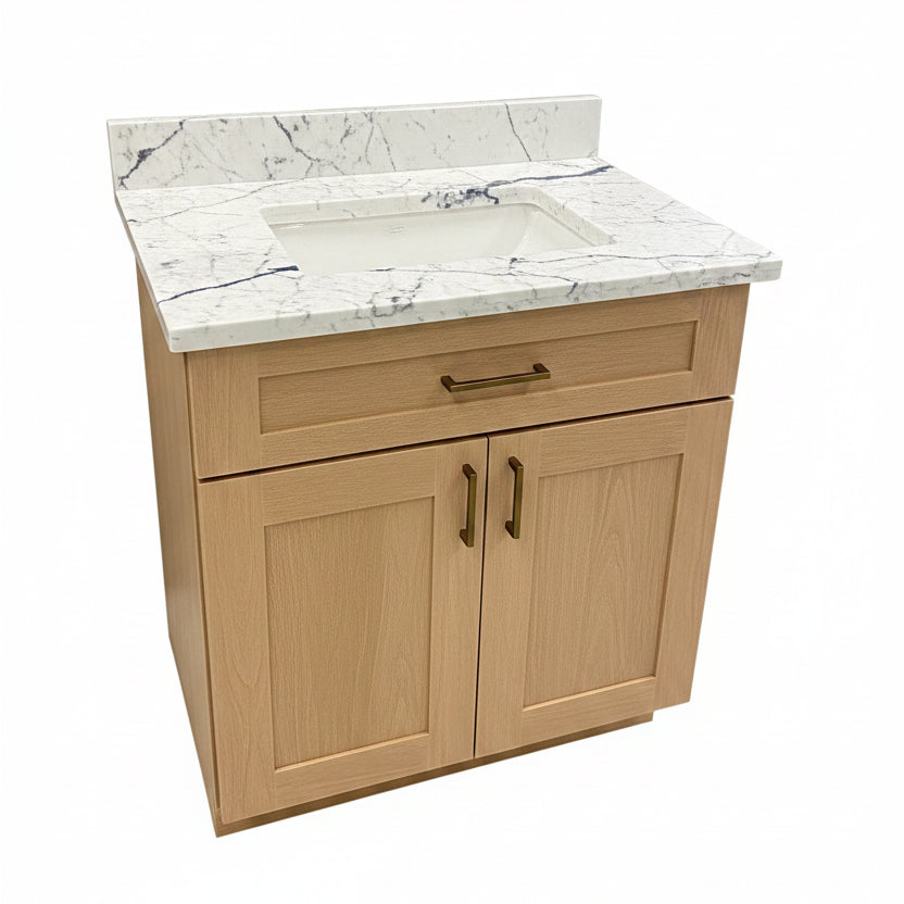 Cab-Tec 30" Salted Carmel Vanity – Cambria Port Rush Quartz Top with White Undermount Sink & Bronze Hardware