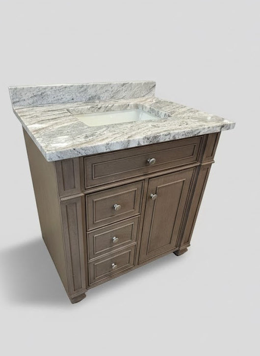 Bathroom vanity with marble countertop on a gray background
