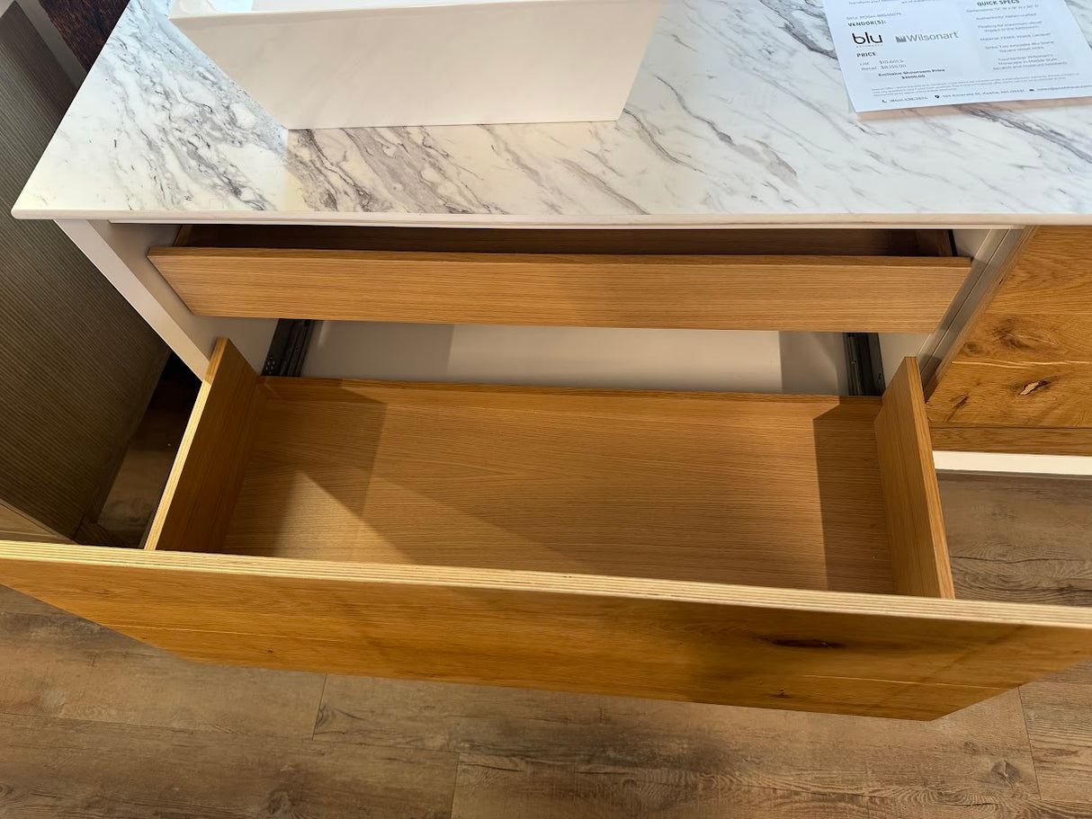 72" Modern Sleek Wall-Mount Vanity Set with White Vanity Top and Two Solid Surface Vessel Sinks