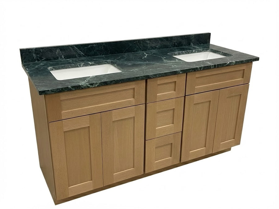 60" Cab-Tec Shaker Carmel Double Vanity w/ Vermont Verde Stone Top