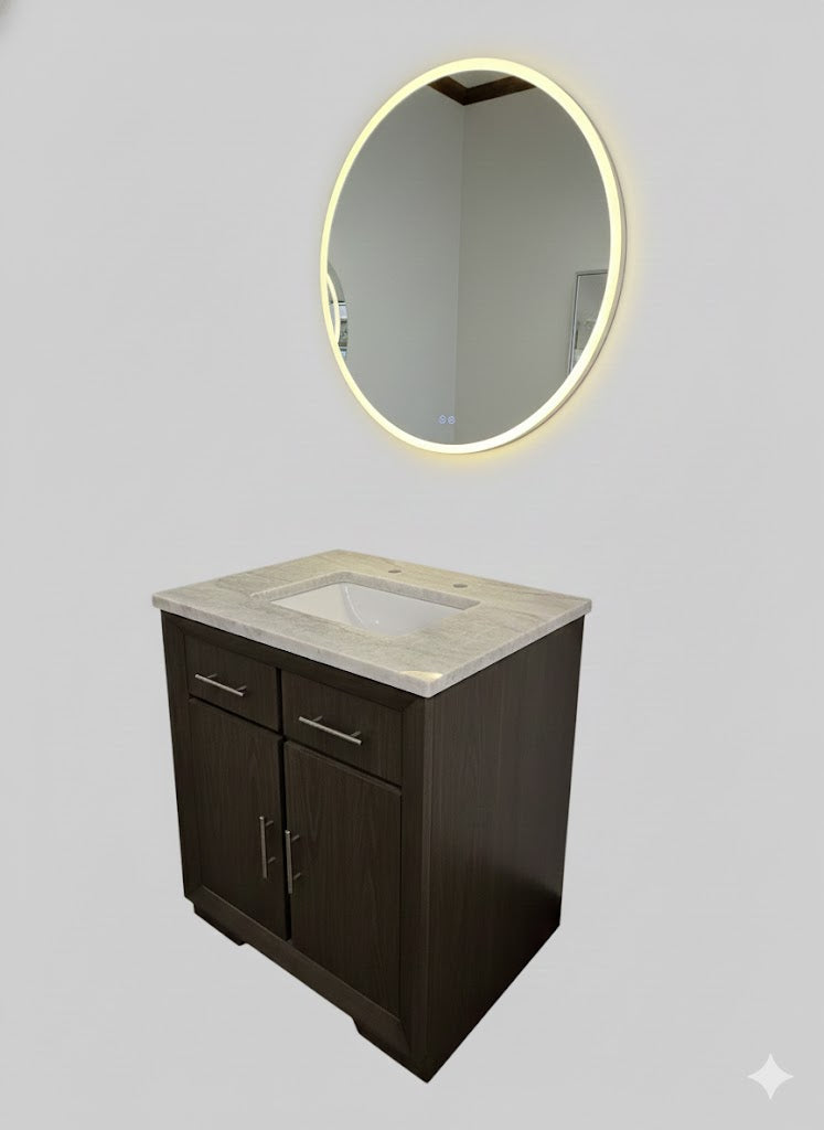 30" Signature Hardware + Taj Mahal Quartzite Top + Blossom Round Mirror