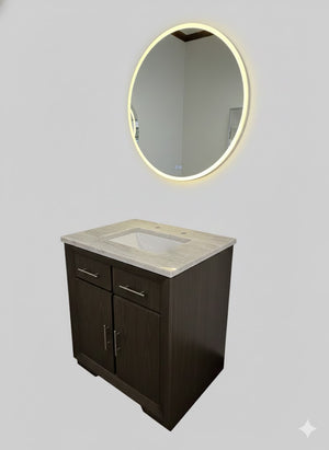 30" Signature Hardware + Taj Mahal Quartzite Top + Blossom Round Mirror