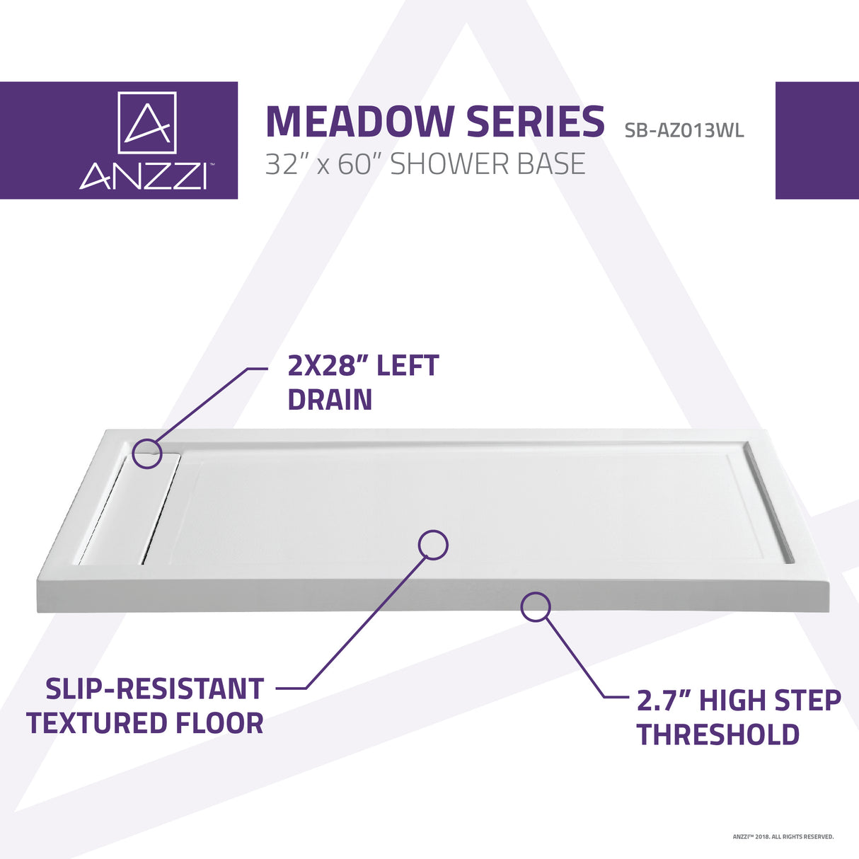 ANZZI SB-AZ013WL Meadow Series 60 in. x 32 in. Shower Base in White