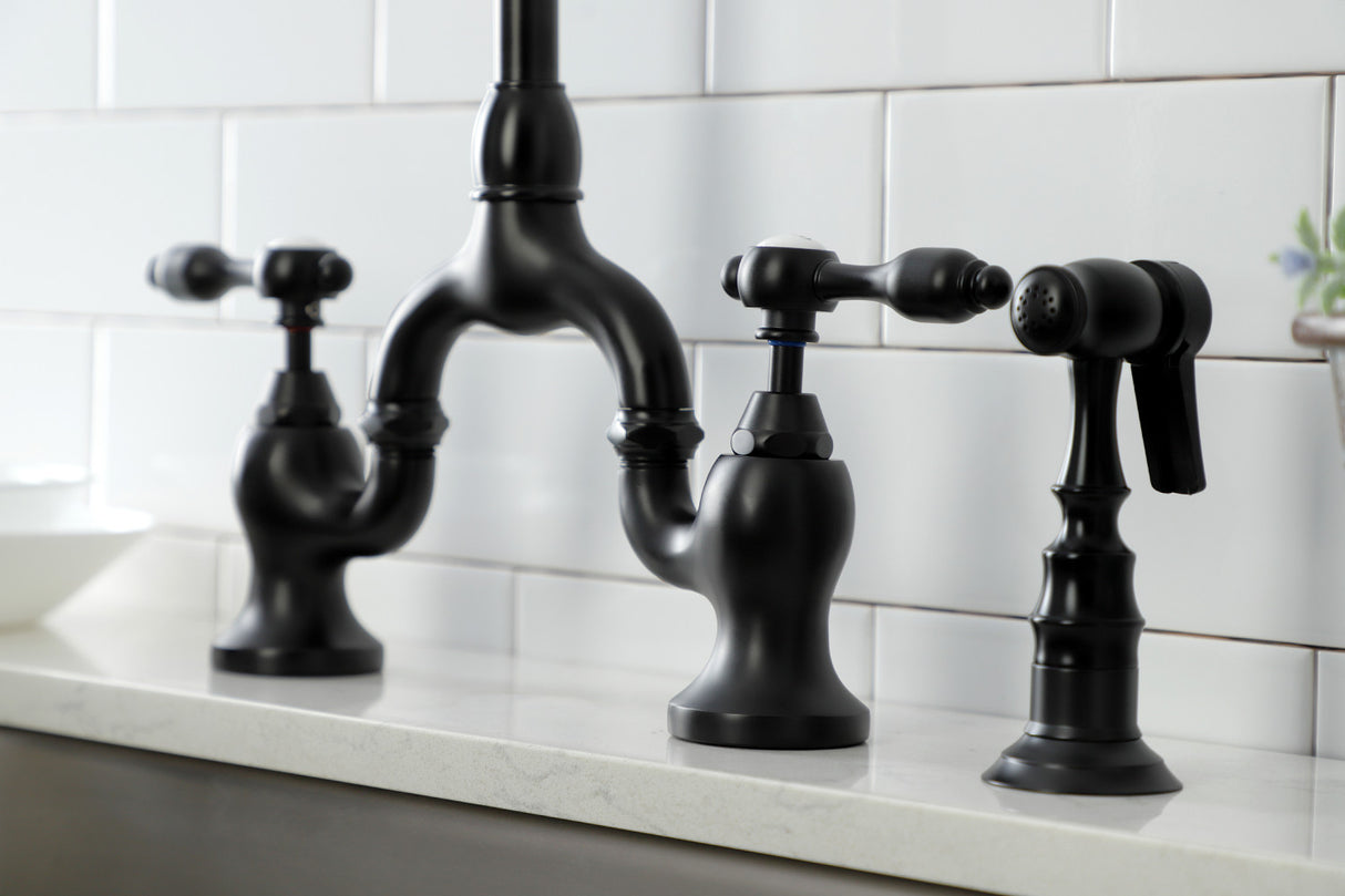 Kingston Brass KS7790TALBS Tudor Bridge Kitchen Faucet with Brass Sprayer, Matte Black