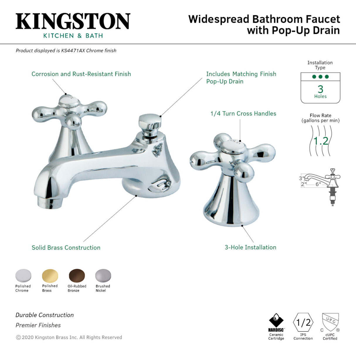 Kingston Brass KS4471AX 8 in. Widespread Bathroom Faucet, Polished Chrome