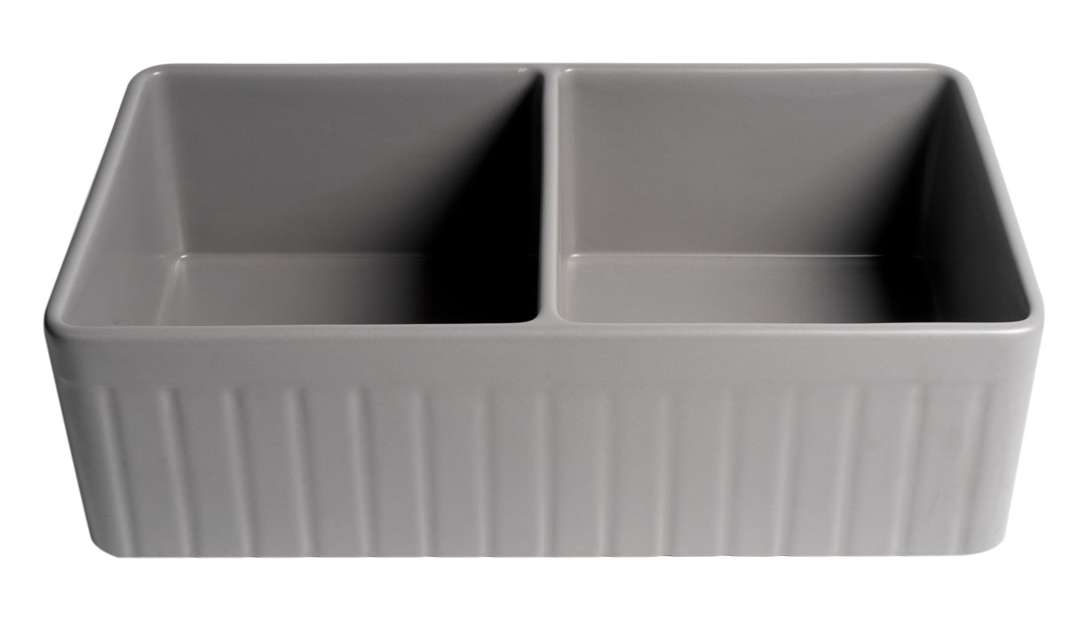 Gray Matte Smooth Apron 33" x 18" Double Bowl Fireclay Farm Sink