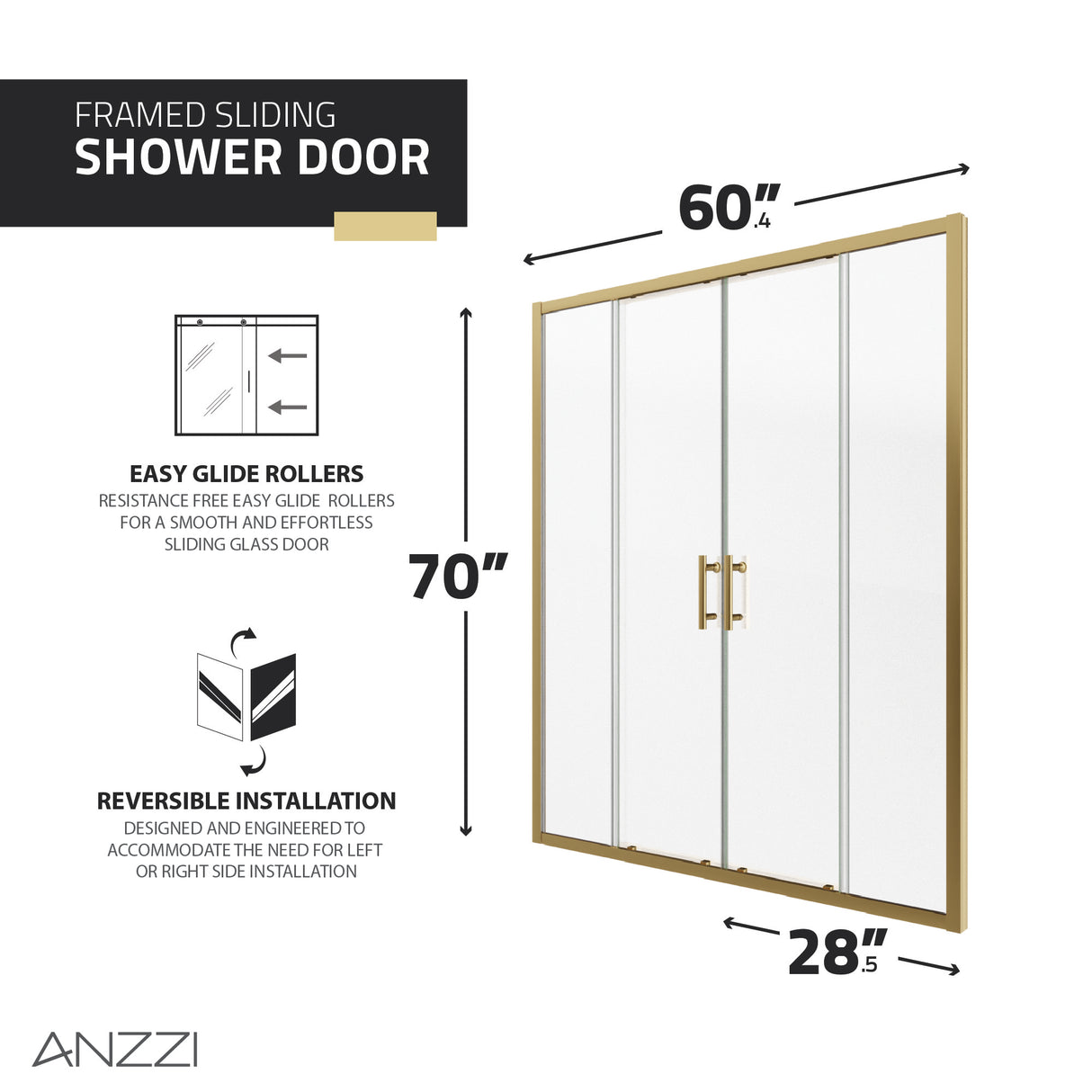 ANZZI SD-AZ15-01BG Enchant 70-in. x 60.4-in. Framed Sliding Shower Door in Brushed Gold