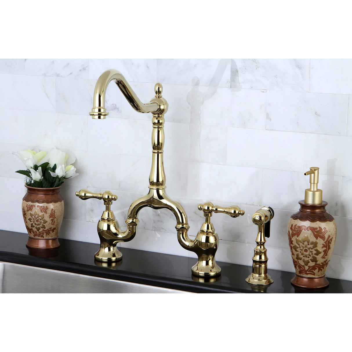 Kingston Brass KS7752ALBS English Country Kitchen Bridge Faucet with Brass Sprayer, Polished Brass