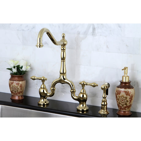 Kingston Brass KS7752ALBS English Country Kitchen Bridge Faucet with Brass Sprayer, Polished Brass