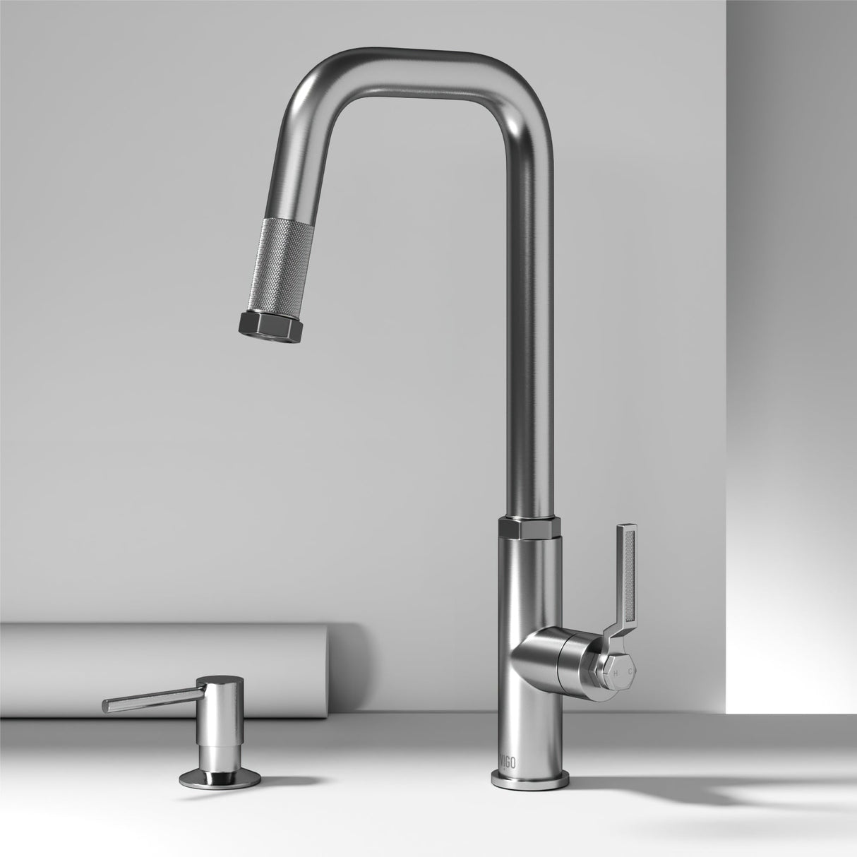 VIGO Hart Angular Kitchen Faucet with Soap Dispenser in Stainless Steel VG02036STK2