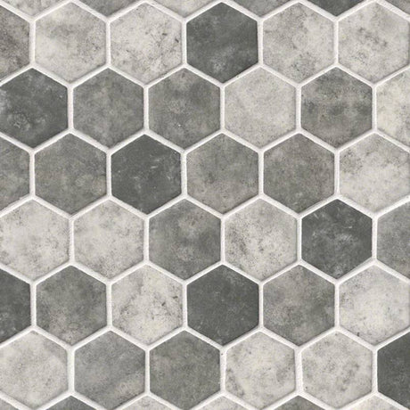 Urban tapestry hexagon 11.02X12.76 glass mesh mounted mosaic tile SMOT GLS UT6MM product shot multiple tiles angle view
