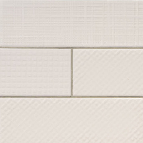 Urbano crema 3d mix glazed ceramic white textured subway tile 4x12 glossy NURBCREMIX4X12 product shot angle view