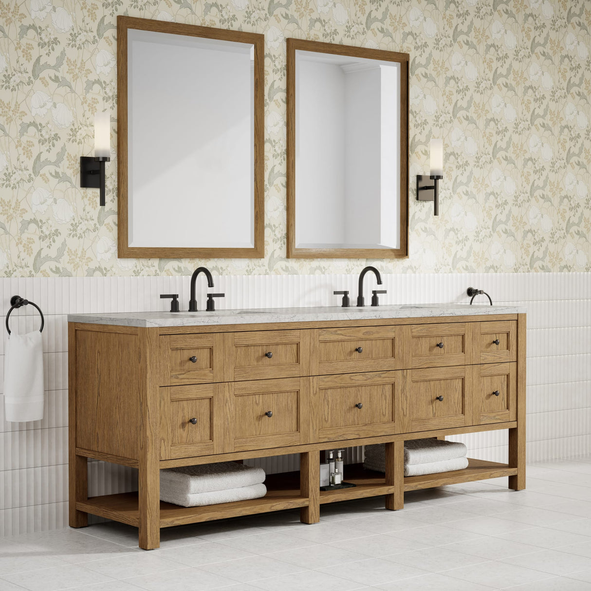 Breckenridge 84" Double Vanity, Light Natural Oak w/ 3 CM Eternal Jasmine Pearl Top