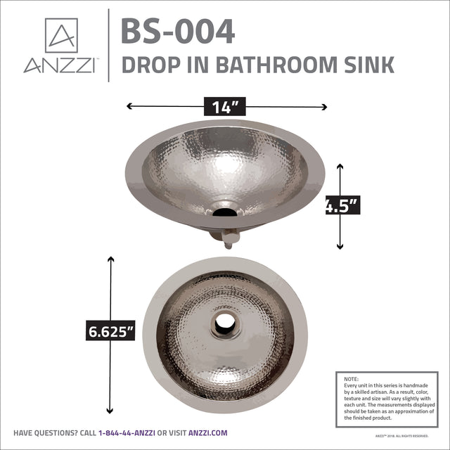 ANZZI BS-004 Julian 14 in. Handmade Drop-in Bathroom Sink with Overflow in Hammered Nickel