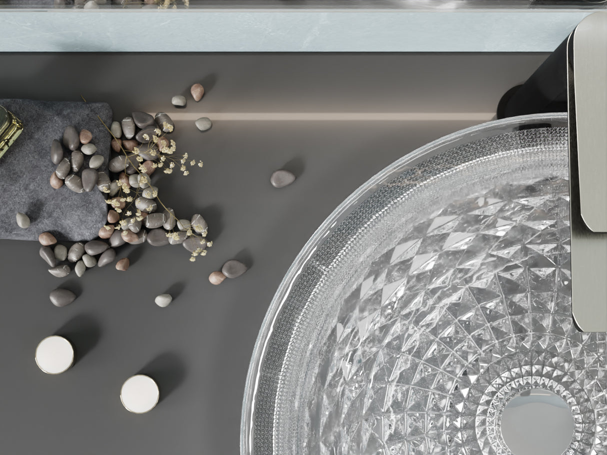 ANZZI LS-AZ904 Diamante Round Clear Glass Vessel Bathroom Sink with Faceted Pattern