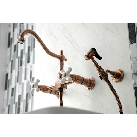 Kingston Brass KS124PXBSAC Heritage Wall Mount Bridge Kitchen Faucet with Brass Spray, Antique Copper