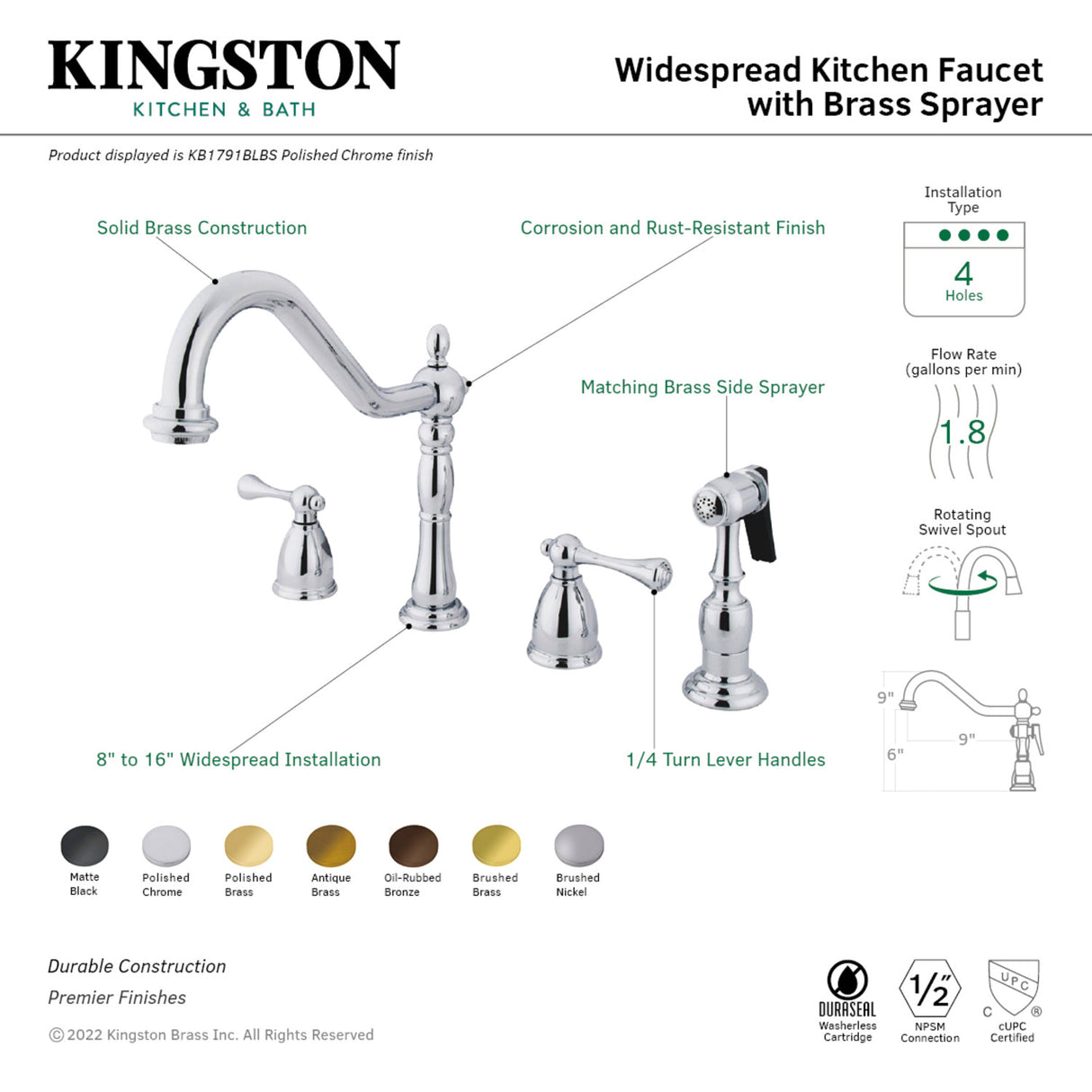 Kingston Brass KB1798BLBS Heritage Widespread Kitchen Faucet, Brushed Nickel