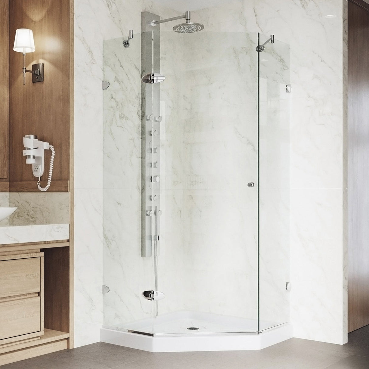 VIGO Verona 36.125 W x 70.375 H Frameless Hinged Shower Enclosure in Chrome with shower base and handle VG6061CHCL36WS