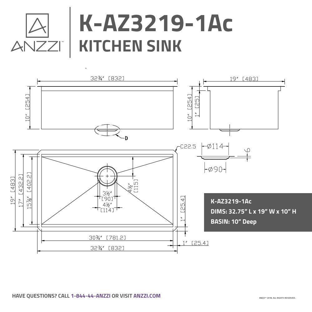 ANZZI K-AZ3219-1Ac Aegis Undermount Stainless Steel 32.75 in. 0-Hole Single Bowl Kitchen Sink with Cutting Board and Colander