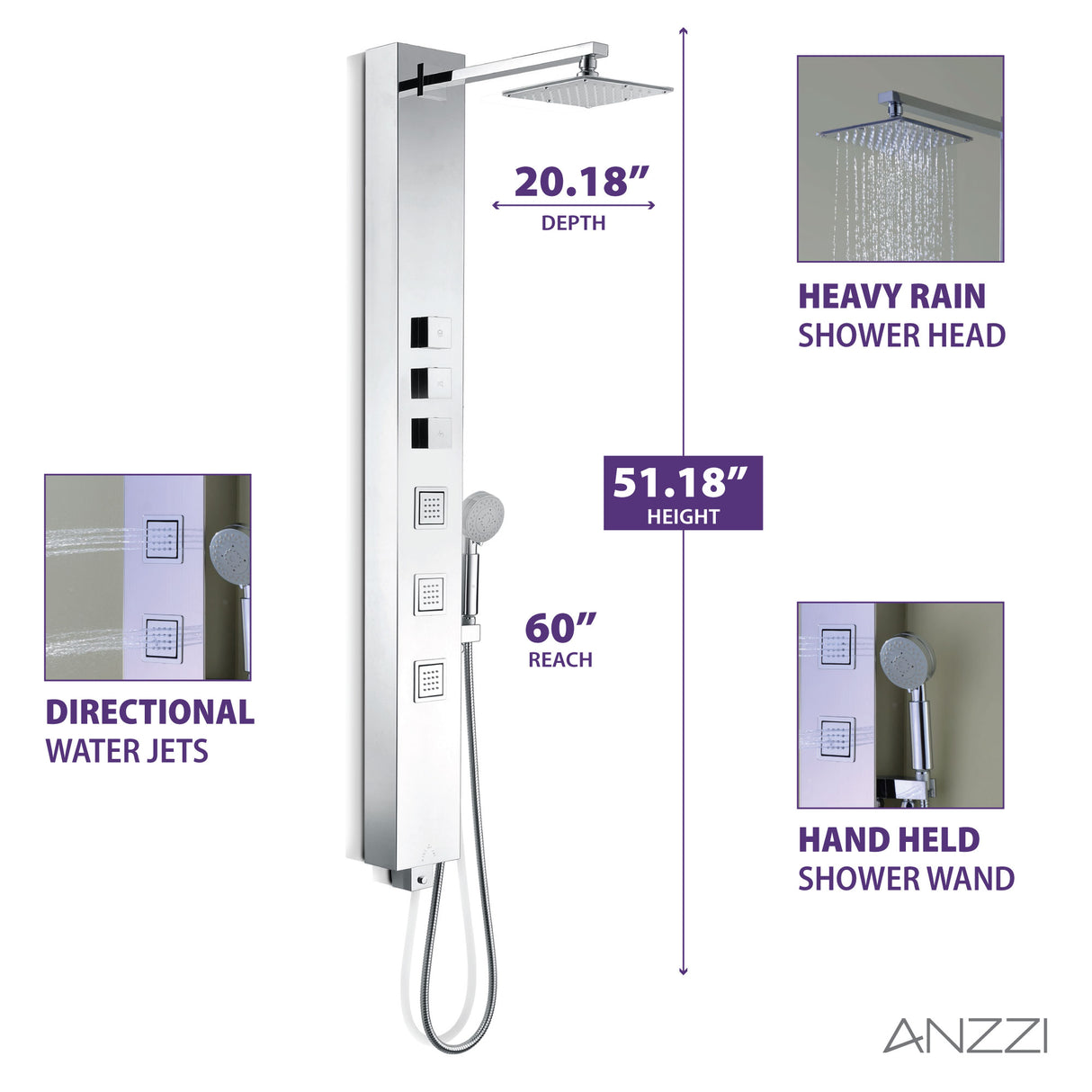 ANZZI SP-AZ015 Lann 53 in. 3-Jetted Full Body Shower Panel with Heavy Rain Showerhead and Spray Wand in Chrome