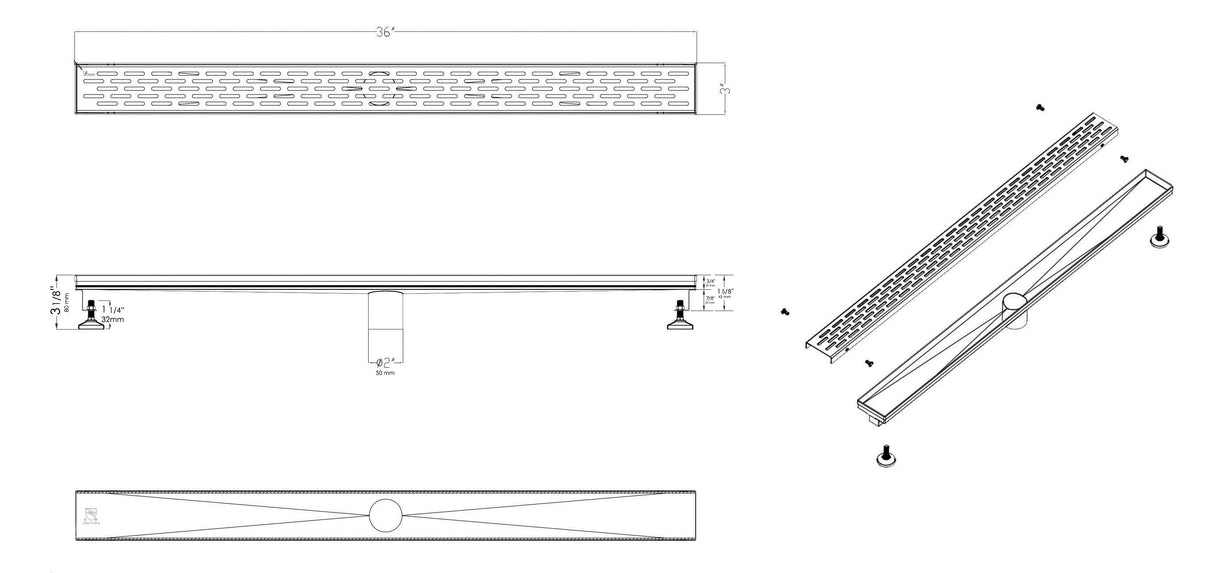 ALFI brand 36" Black Matte Stainless Steel Linear Shower Drain with Groove Holes