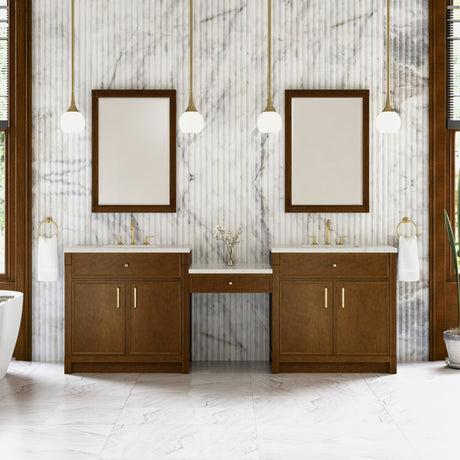 Bellshire 96" Dual Vanity Set with 24" Make-Up Counter, Honey Oak w/3 cm Siberian Silestone Top