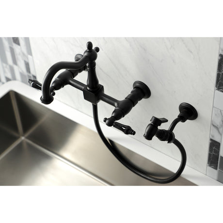 Kingston Brass KS1260PKLBS Duchess Wall Mount Bridge Kitchen Faucet with Brass Sprayer, Matte Black